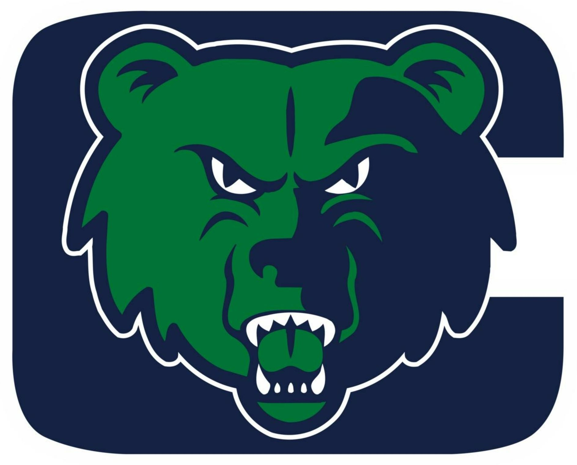 Green bear head logo over navy block letter C with white outline