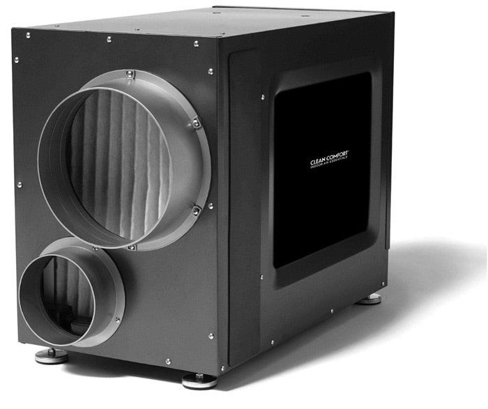 A dark grey industrial air filtration unit with two circular duct ports on the front panel and small leveling feet.