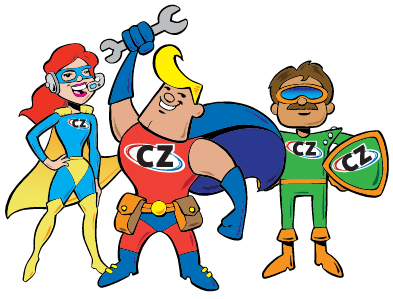 Three stylized superhero characters wearing costumes with CZ logos; one holds a wrench, another holds a shield.