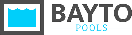 Logo for Bayto Pools: a square with a light blue pool and wavy water, beside dark gray text.