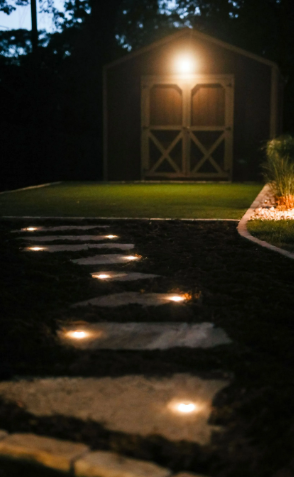 Stone path with inset lights leading to a shed lit by an overhead light at dusk.