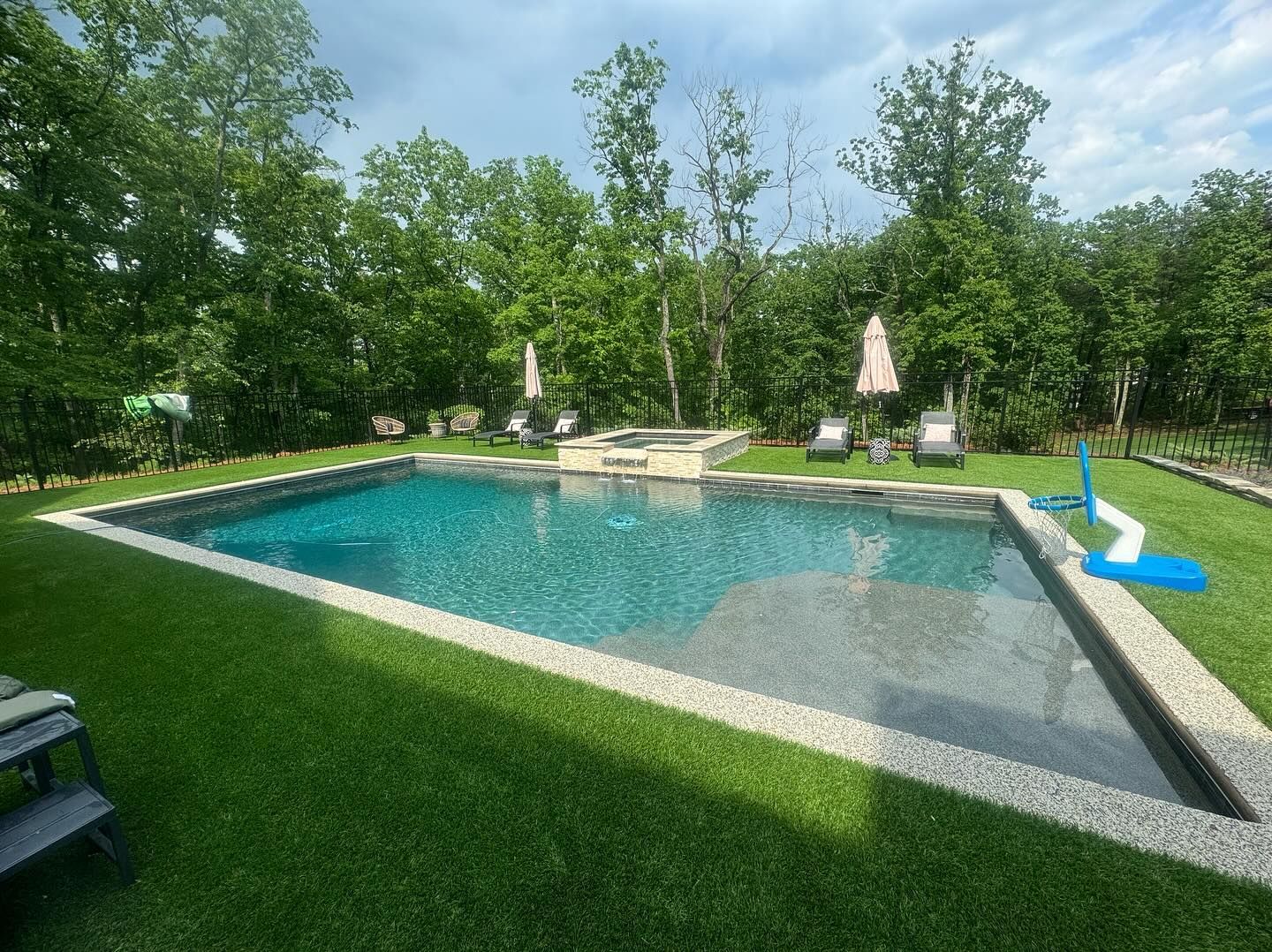 Rectangular swimming pool surrounded by green grass and trees.