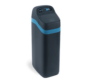 Water softener, dark blue with turquoise stripe and top display.