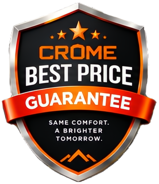 Crome Best Price Guarantee shield badge in orange, black, and silver with stars and slogan