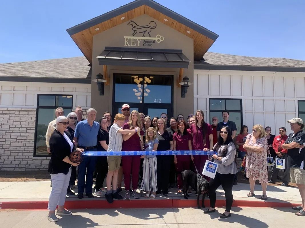 Group cuts ribbon at Skyview Animal Hospital grand opening. Building has white siding, arched entrance.