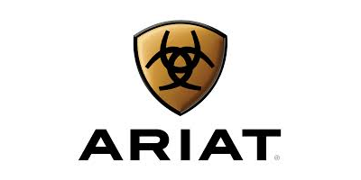 The logo for ariat is a shield with a bull on it.