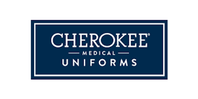 The logo for cherokee medical uniforms is blue and white.