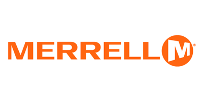 The merrell logo is orange and white on a white background.