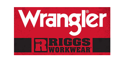 A red and black logo for wrangler riggs workwear