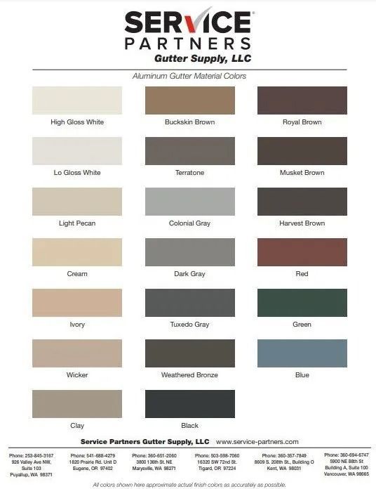 Service Partners color chart with paint swatches labeled by color names and logo at top