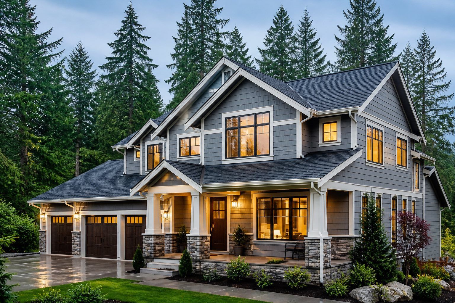 Modern gray two-story house with warm lights, stone accents, and a three-car garage amid tall pine trees