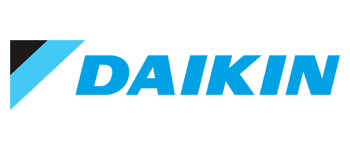 Daikin logo: light blue text with a stylized shape, black triangle, on white background.