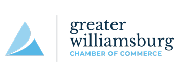 Logo for Greater Williamsburg Chamber of Commerce. Features a blue triangle and text on a white background.