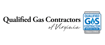 Logo for Qualified Gas Contractors of Virginia. Includes text and a badge with a blue gas flame.