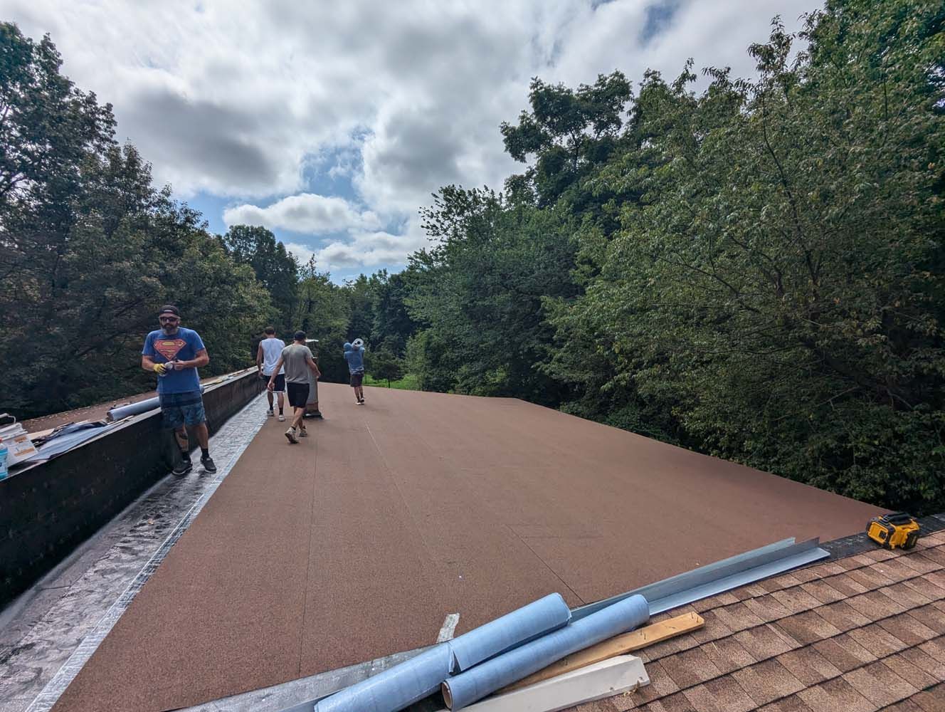 People on a newly-roofed surface, surrounded by trees under a cloudy sky.