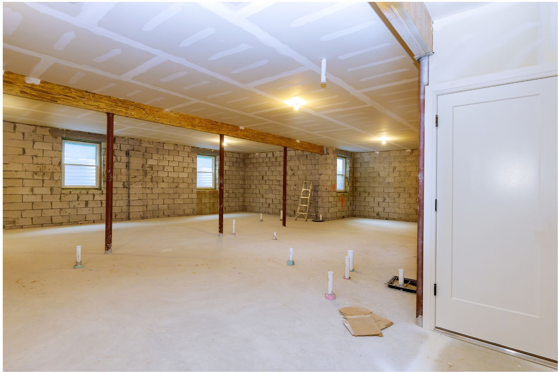 Unfinished basement with exposed brick walls, support beams, and drywall ceiling. White floor and door.