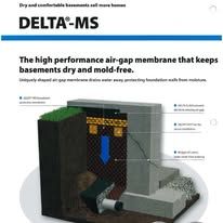 DELTA-MS basement membrane ad with cutaway foundation diagram and blue drainage arrows.