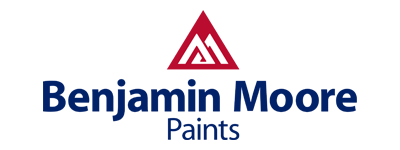 Benjamin Moore Paints logo. Blue text below a red triangle-shaped logo.