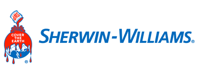 Sherwin-Williams logo: Red, white, and blue paint bucket pouring paint over a globe; company name in blue.