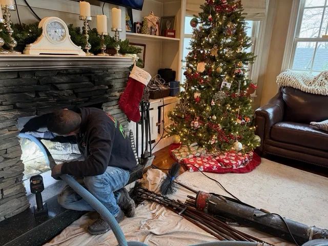 Person working under a fireplace beside a decorated Christmas tree in a cozy living room