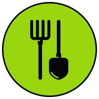 Black gardening fork and shovel icons in a green circle.
