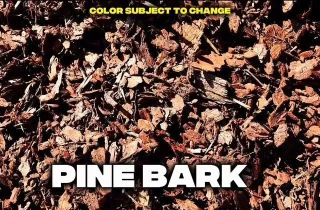 Pine bark mulch with text overlay,