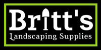 Logo for Britt's Landscaping Supplies, white text on black background with a green border and a shovel.