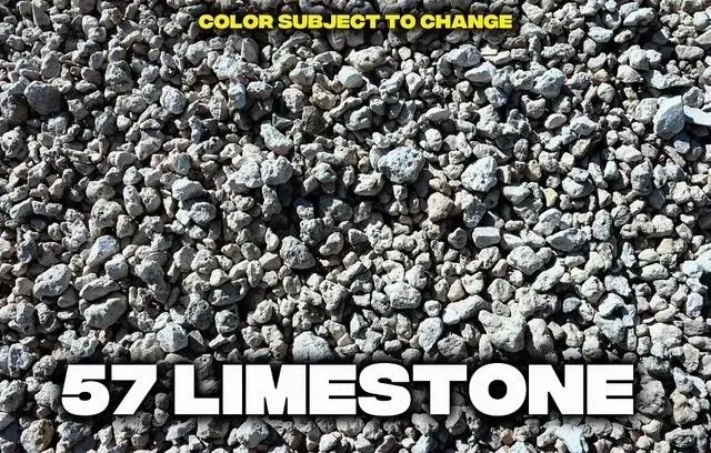 Pile of gray 57 limestone gravel; "COLOR SUBJECT TO CHANGE" at top.