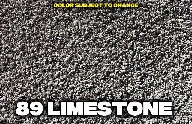 Close-up of a textured surface, labeled "89 LIMESTONE." The color is a mix of gray and beige. Text at the top states "COLOR SUBJECT TO CHANGE."
