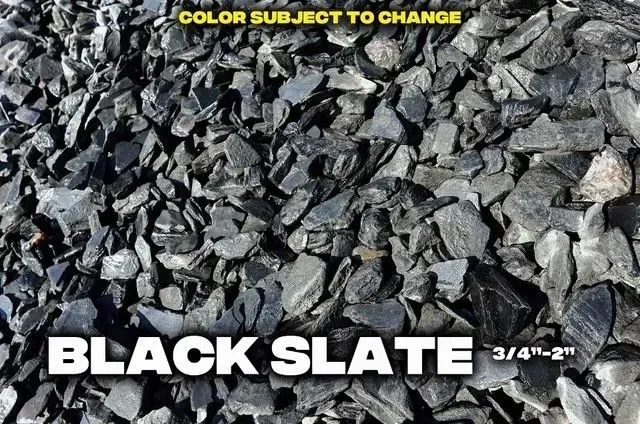 Black slate rock with text "BLACK SLATE 3/4"-2"" and "COLOR SUBJECT TO CHANGE".