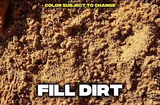 Close-up of brown fill dirt with the words 