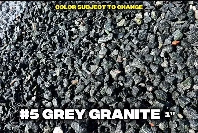 Close-up of gray granite gravel, labeled 