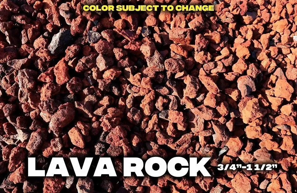 Close-up of red lava rock, varying sizes, text 