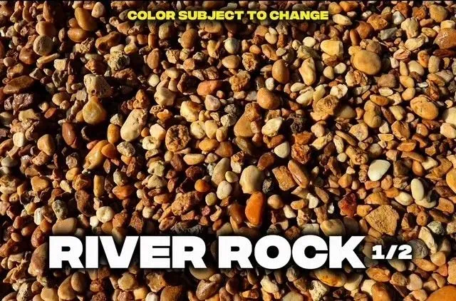 Close-up view of river rock, with brown, tan, and beige stones. Text: River Rock 1/2.