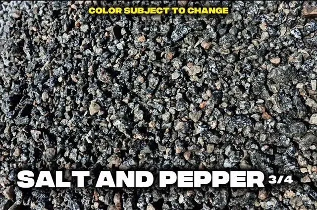 Close-up of salt and pepper gravel. It is a mix of small dark and light rocks with the text 