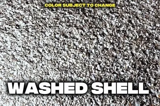Washed shell gravel with gray and white tones, with text overlay 