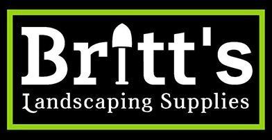 Britt's Landscaping Supplies logo: white text on black background with a green border. A shovel replaces the "i".