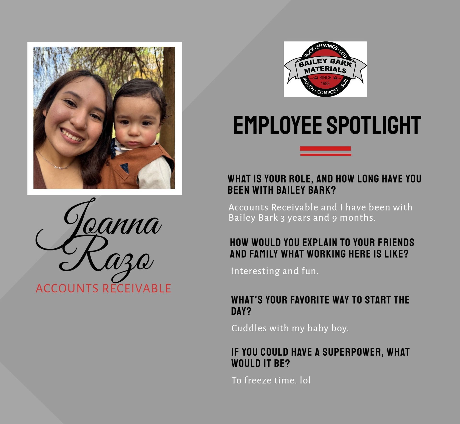 Employee spotlight graphic of Joanna Razo beside Q&A text on a gray background.