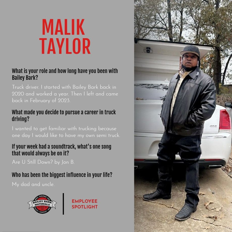 Malik Taylor stands beside a car on a dirt road, with interview text and logos on a gray poster.