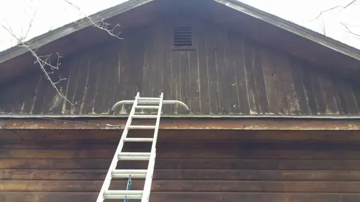 Ladder against a weathered, brown wooden building with a vent in the gable.