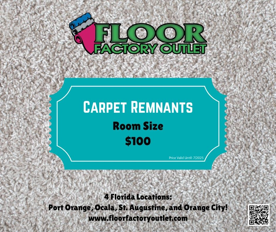 Floor Factory Outlet advertisement for carpet remnants: room size pieces for $100. Locations in Florida and website listed.