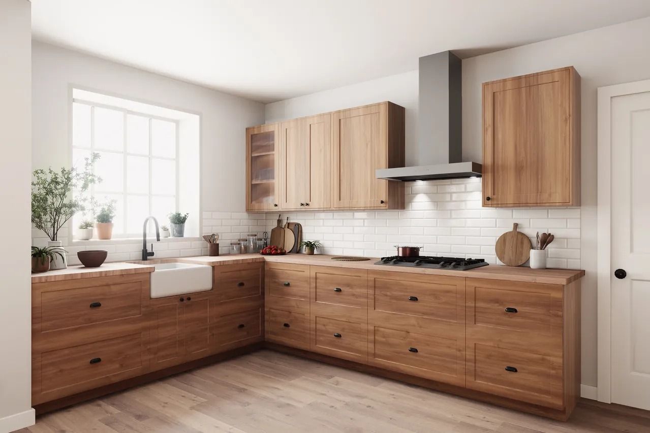 Modern kitchen featuring light wood cabinets, butcher-block countertops, a farmhouse sink, and a stainless steel hood.