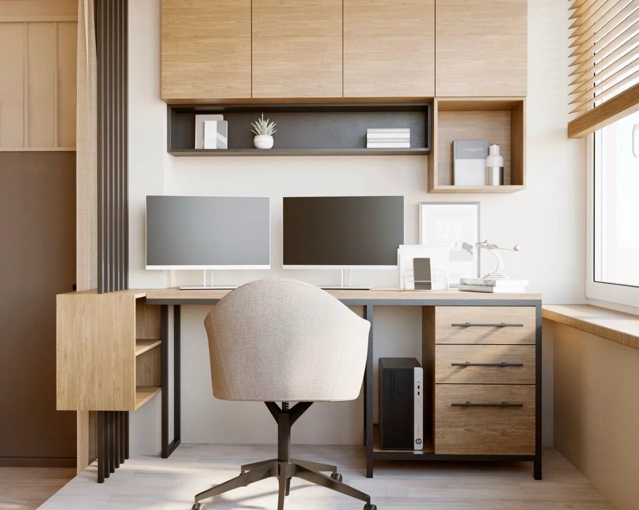 Modern home office with a two-monitor desk, textured chair, light wood cabinetry, and open shelving against a white wall.