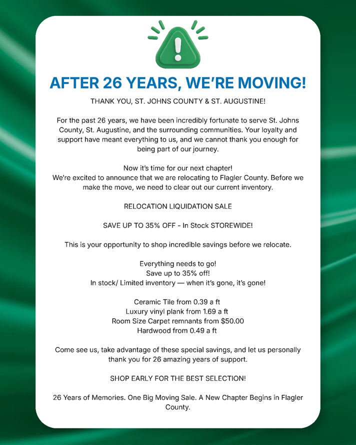 Green-and-white moving notice: “After 26 years, we’re moving!” with a bell icon