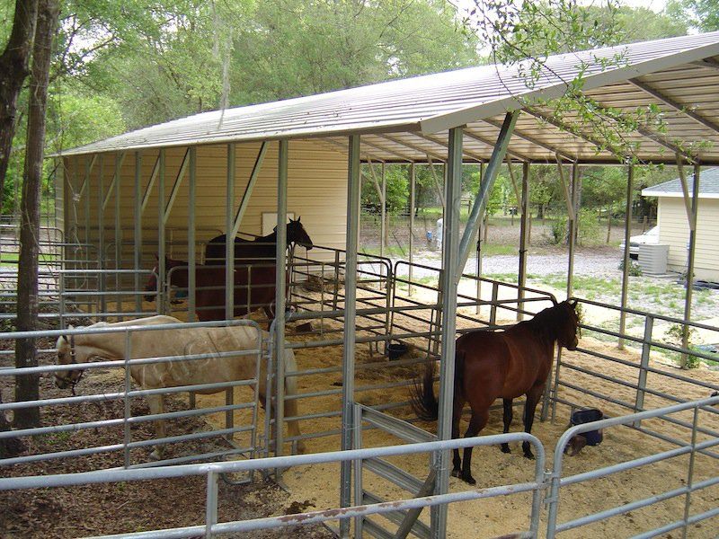 Two horses are standing in a fenced in area under a canopy.