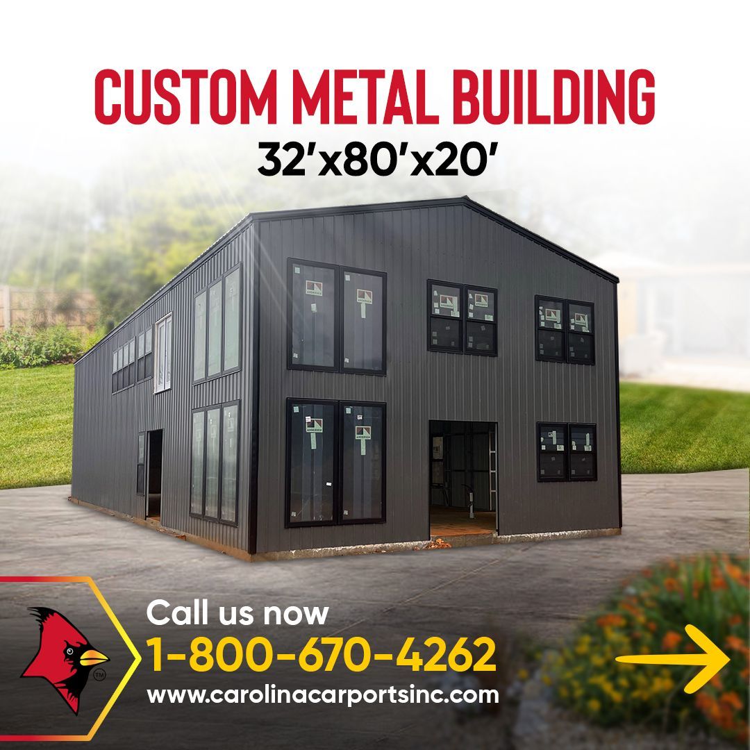 A picture of a custom metal building with a lot of windows.