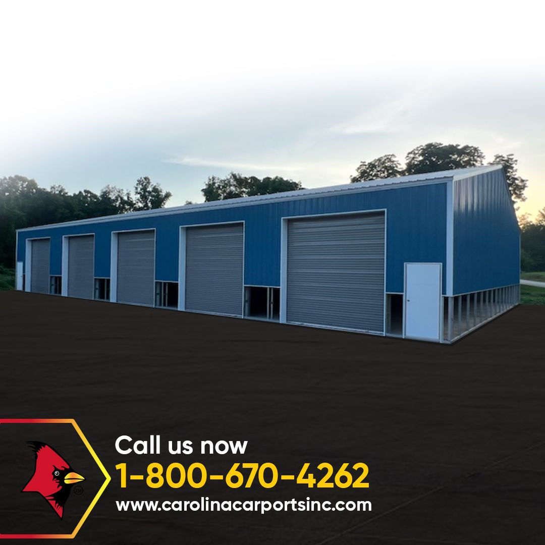 An advertisement for carolina carports shows a large blue building