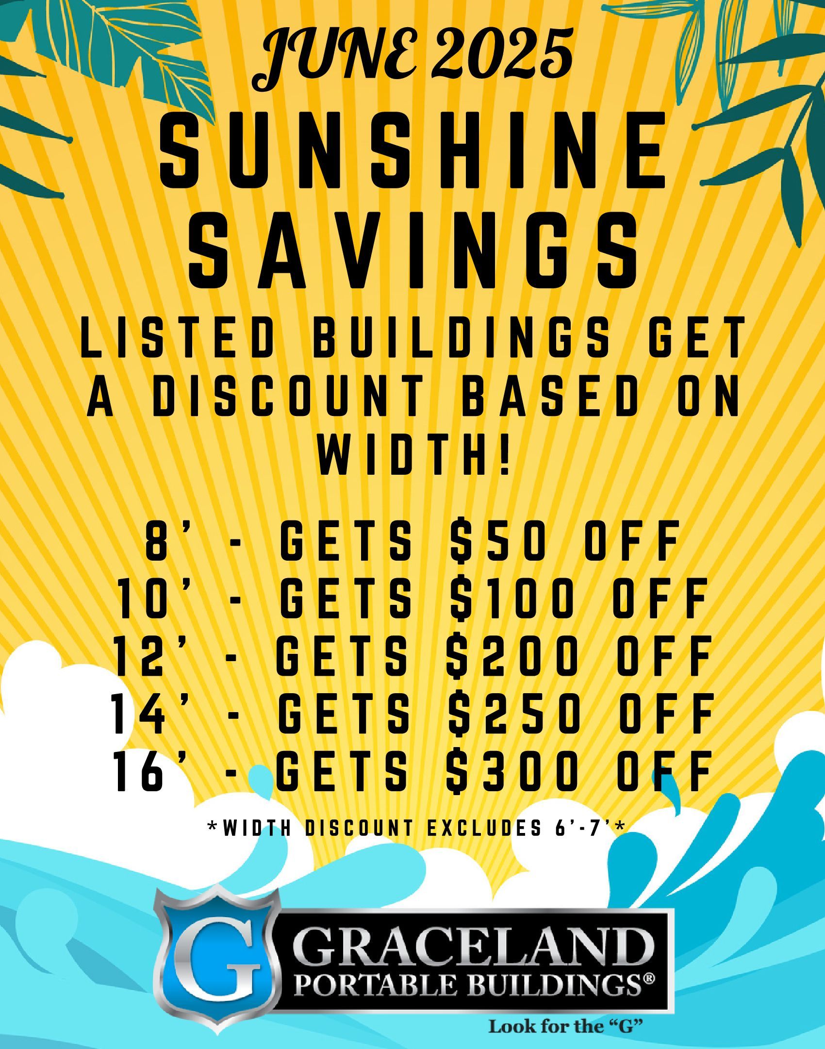 A poster for june 2025 sunshine savings listed buildings get a discount based on width