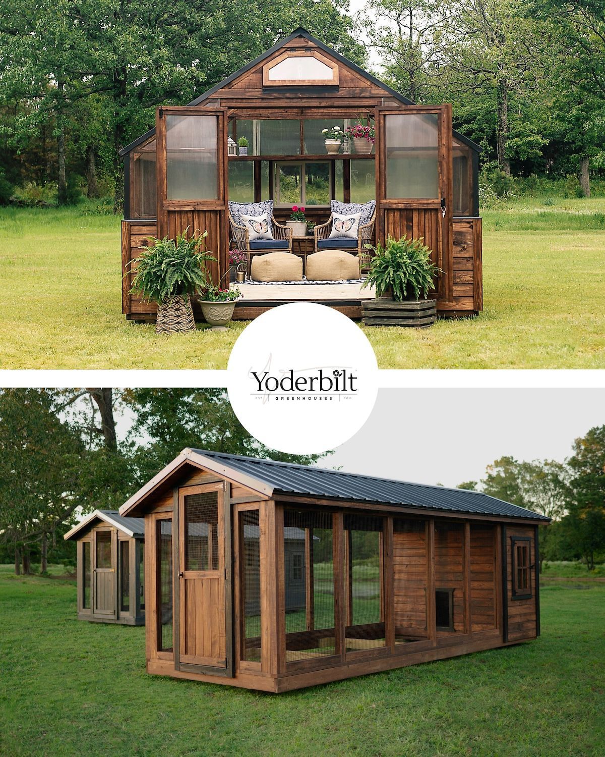 Two rustic wooden greenhouses in a grassy outdoor setting, one with seating