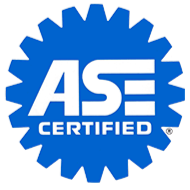 Blue ASE Certified gear-shaped logo with white text